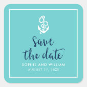 Sticker Carré Ancre Turquoise et Bleu Script Enregistrer la date (Devant)