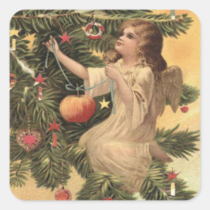 Sticker Carré Ange de Noël vintage accroché à l'arbre des dé