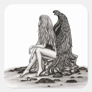 Sticker Carré Angel, perdu dans la pensée, noir et blanc Design