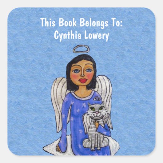 Sticker Carré Angel tenant Chat Blanc Angel Robe Bleue Nuage (Devant)