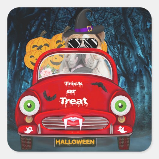Sticker Carré Anglais Bulldog Driving Car Effrayant Halloween (Devant)