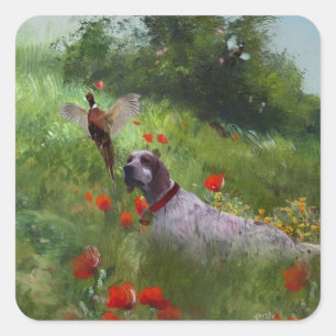 Sticker Carré Anglais Setter, Chasse de faisan