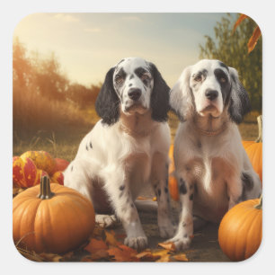 Sticker Carré Anglais Setter Puppy Automne Citrouille de plaisir