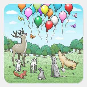 Sticker Carré Animaux avec ballons d'anniversaire
