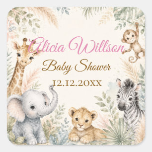 Sticker Carré Animaux de Baby Shower Safari Fantaisiste