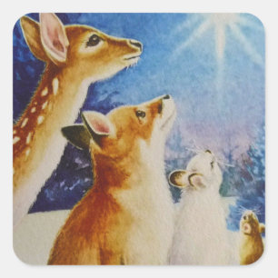 Sticker Carré Animaux de bois Voir Noël Star Aquarelle Art