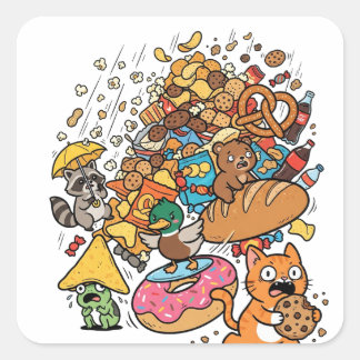 Sticker Carré Animaux de dessin animé avec des collations qui to
