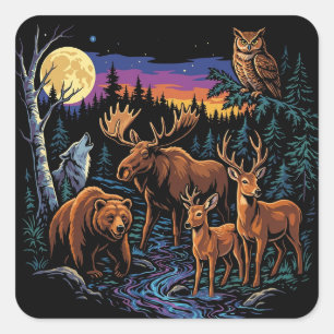 Sticker Carré Animaux de la faune de la forêt vintage Moose Ours