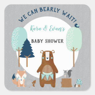 Sticker Carré Animaux de la forêt de bois Ours Rustique Bleu Gri