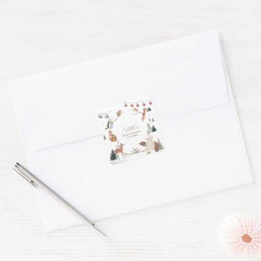 Sticker Carré Animaux de la forêt en hiver Baby Shower (Enveloppe)