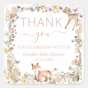 Sticker Carré Animaux de la forêt fantaisiste Baby Shower Fleur