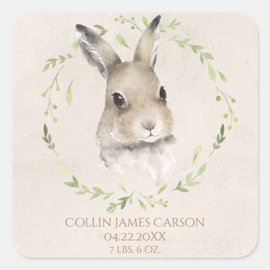 Sticker Carré Animaux forestiers Bunny Aquarelle Stats de naissa (Devant)