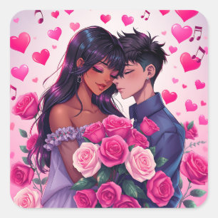 Sticker Carré Anime Bi-raciale mignonne Saint Valentin