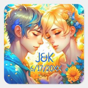 Sticker Carré Anime Boy and Girl Floral Couple Personnalisé