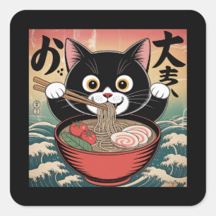 Sticker Carré Anime Chat Manger Ramen Amusant Japonais Style Rét
