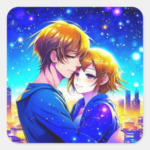Sticker Carré Anime Couple Cuddin avec vue sur la ville