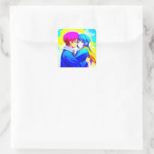 Sticker Carré Anime Couple se serrant rose et bleu (Sac)