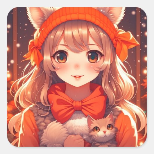 Sticker Carré Anime Girl avec Orange Kitten Noël (Devant)