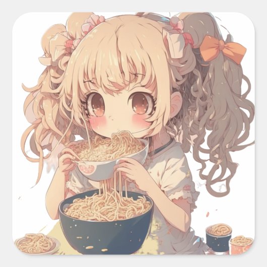 Sticker Carré Anime Girl Mange Ramen nouilles (Devant)