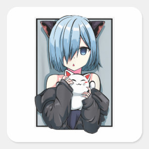 Sticker Carré Anime Girl Neko Catgirl Pastel Kawaii Cat Manga Ja