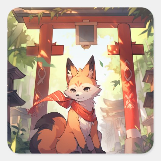 Sticker Carré Anime Kitsune Cute Fox Imaginaire Art (Devant)