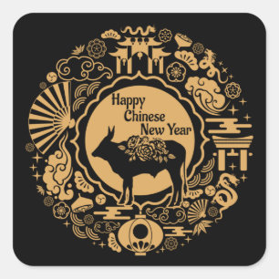 Sticker Carré Année du bœuf chinois Nouvel An lunaire du zodiaqu
