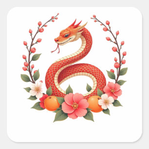 Sticker Carré Année du serpent chinois mignon rire 