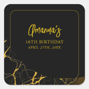 Sticker Carré Anniversaire 16 ans sucré Marbre Noir & Or frappan