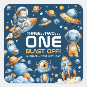 Sticker Carré Anniversaire 1 an - Cat Astronaute Fusée Spatiale