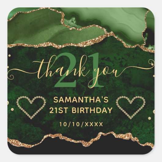 Sticker Carré Anniversaire 21 ans Glitter Agate Vert & Or (Devant)