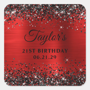 Sticker Carré Anniversaire 21 ans paillettes noires et feuille r