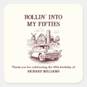 Sticker Carré Anniversaire 50 ans Homme Vintage Barn Car Rollin'