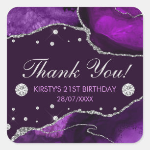 Sticker Carré Anniversaire Agate Pailleté Violet et Faux Argent