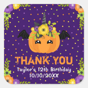 Sticker Carré Anniversaire Citrouille Halloween Violet Merci Car