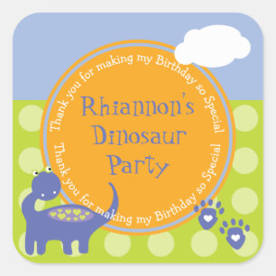 Sticker Carré Anniversaire de dinosaures violet avec Merci de po