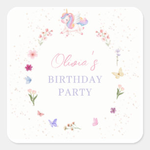 Sticker Carré Anniversaire de Licorne Aquarelle Magique 