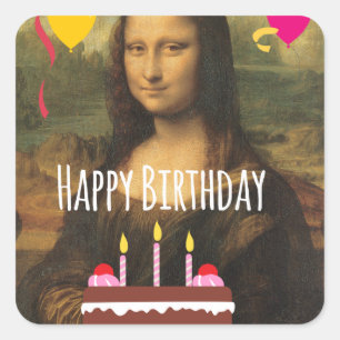 Sticker Carré Anniversaire de Mona Lisa avec le gâteau et les