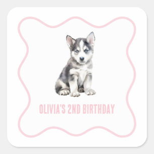 Sticker Carré Anniversaire de plaid rose preppy husky chiot
