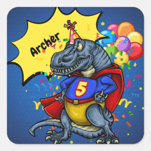 Sticker Carré Anniversaire de super héros de T-Rex 5ème