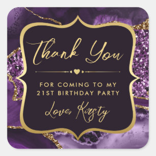Sticker Carré Anniversaire élégant agate violet et doré pailleté