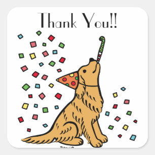 Sticker Carré Anniversaire Golden Retriever Cartoon Merci