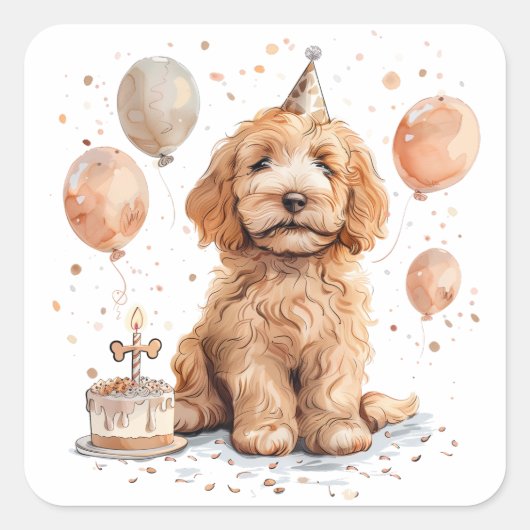 Sticker Carré Anniversaire Goldendoodle Chien Anniversaire Gâtea (Devant)
