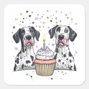 Sticker Carré Anniversaire Great Dane Dogs Cupcake