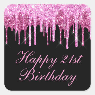Sticker Carré Anniversaire Paillettes qui Coulent Rose et Noir