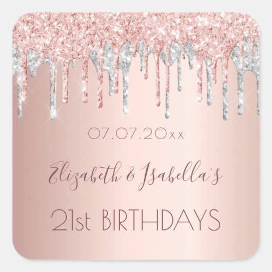 Sticker Carré Anniversaire rose or argent parties scintillant de (Devant)