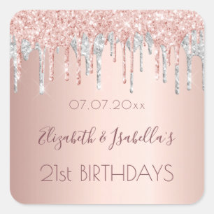Sticker Carré Anniversaire rose or argent parties scintillant de