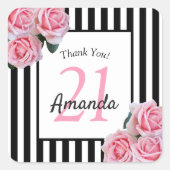Sticker Carré Anniversaire rose roses rayures noires merci (Devant)
