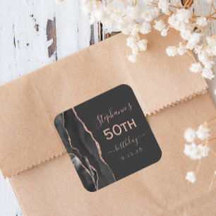 Sticker Carré Anniversaire sombre Agate Black Rose Gold 50 ans