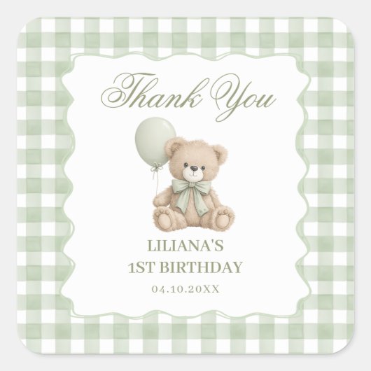 Sticker Carré Anniversaire Teddy Bear Vert (Devant)