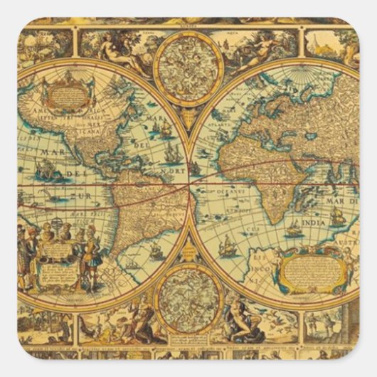 Sticker Carré Antique carte du monde Vintage illustrée (Devant)